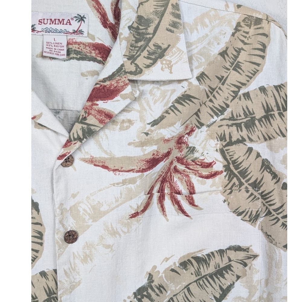 Summa Button Front Shirt Men Large Cream Tropical Linen Rayon Hawaiian Aloha